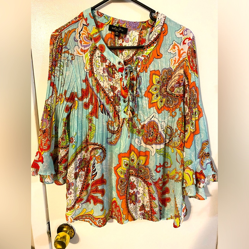 Beautiful Colorful Boho Melissa Paige Bell Sleeve Blouse Size PM